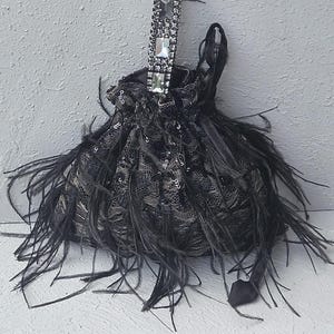 black bag, black evening bag, party bag, wristlet bag, embroider evening bag for woman, fashionable drawsting pouch purse