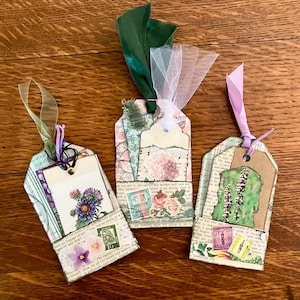 Vintage Junk Journal Tags with Pockets, Handmade, Set of 3 | Floral Ephemera Decorative Tags, Romantic Green
