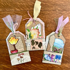 Vintage Junk Journal Tags with Pockets, Handmade, Set of 3 | Floral Ephemera Decorative Tags, Wildflowers