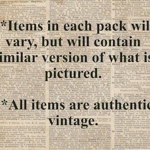 K&ouml;nnte beinhalten: Eine Nahaufnahme eines Zeitungsartikels mit dem Text "Items in each pack will vary, but will contain similar version of what is pictured. All items are authentic vintage."