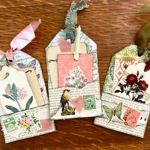 Vintage Junk Journal Tags with Pockets, Handmade, Set of 3 | Floral Ephemera Decorative Tags, Pink and Green