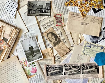 May include: A collection of vintage ephemera, including a postcard of a building, a playing card, a letter, a sheet of music, a newspaper clipping, a fabric scrap, and a vintage advertisement for "Angry Mourner", "Fiery Fingers", and "Negligent Nymph".