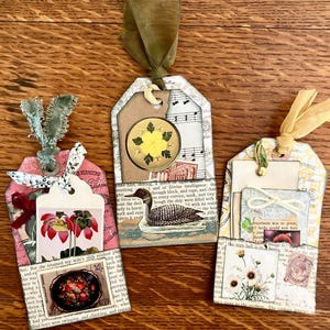 Vintage Junk Journal Tags with Pockets, Handmade, Set of 3 | Floral Ephemera Decorative Tags, Bird and Flowers