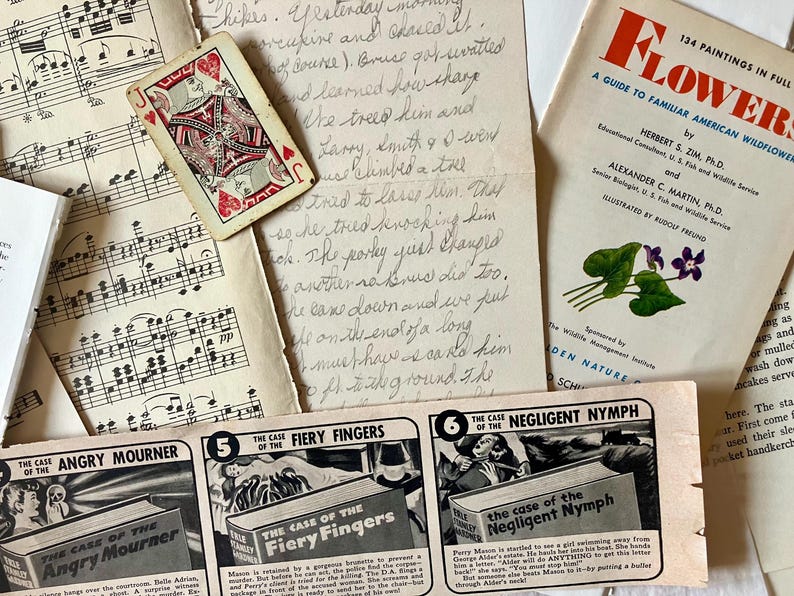 K&ouml;nnte beinhalten: Eine Sammlung von Vintage-Papierephemera, darunter eine Spielkarte, Notenbl&auml;tter und ein Leitfaden f&uuml;r bekannte amerikanische Wildblumen. Die Spielkarte ist der Bube von Herzen und ist in einem roten und wei&szlig;en Anzug. Die Notenbl&auml;tter sind f&uuml;r ein Klavier und haben ein schwarz-wei&szlig;es Design. Der Wildblumenf&uuml;hrer ist ein kleines B&uuml;chlein mit einem roten und wei&szlig;en Umschlag und zeigt eine violette Blume mit gr&uuml;nen Bl&auml;ttern. Der Text auf dem Umschlag lautet "Blume: Ein Leitfaden f&uuml;r bekannte amerikanische Wildblumen".
