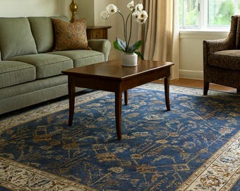 Navy Blue Hand-Tufted Wool Oriental Area Rug, Vintage Persian Style Carpet