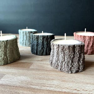 May include: Five small, round candles in tree trunk-shaped containers. The candles are in various shades of green, gray, and brown.
