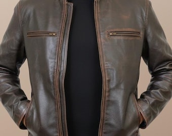 Handmade Distressed Cowhide Leather Cafe Racer Jacket, Vintage Style Biker Faux Motorcycle Jacket, Custom Leather Jacket Coat