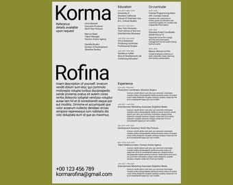 May include: A professional resume template on a light gray background featuring the name Korma Rofina in large black sans-serif font. The document includes sections for education, co-curricular activities, and experience with placeholder text.