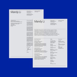 May include: A white resume and cover letter document for Mandy Li, featuring black text on a clean layout. The resume details work experience, skills, and education, while the cover letter includes contact information and a signature at the bottom.