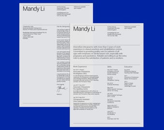 May include: A white resume and cover letter document for Mandy Li, featuring black text on a clean layout. The resume details work experience, skills, and education, while the cover letter includes contact information and a signature at the bottom.