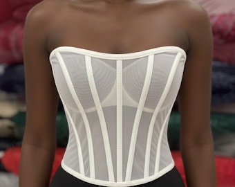 Handmade Transparent Bustier: Crystal & Pearl Corset Top