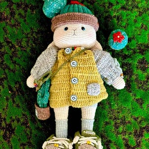 Boneca de crochê feita à mão com roupa removível - &quot;Rose, a coelhinha do piquenique&quot;, acessórios e bolsa de cacto, presente para crianças ou para ela