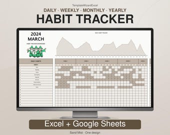 May include: A digital habit tracker displayed on a computer monitor, featuring the text TemplateWizardExcel, Daily, Weekly, Monthly, Yearly, Habit Tracker, 2024 March, and Habit Tracker Dashboard with a graphic of three green wizards.