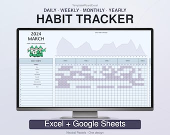 May include: A digital habit tracker displayed on a computer monitor, featuring the text TemplateWizardExcel, Daily, Weekly, Monthly, Yearly, Habit Tracker, 2024 March, and Habit Tracker Dashboard. It includes a chart, a list of daily habits, and a grid.