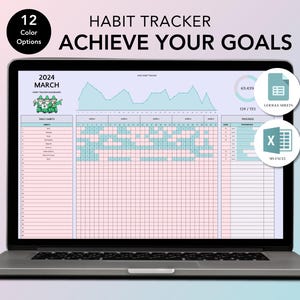 Puede incluir: Un portátil muestra un rastreador de hábitos para marzo de 2024, con el texto "Habit Tracker Achieve Your Goals". El rastreador incluye una cuadrícula para hábitos diarios, un gráfico de progreso y opciones para Google Sheets y MS Excel. Un círculo indica 12 opciones de color.