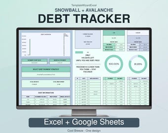 May include: A computer monitor displaying a digital debt tracker spreadsheet titled Snowball + Avalanche Debt Tracker. The interface features tables for debt information, payment strategies, progress charts, and financial summaries in shades of light green and blue.