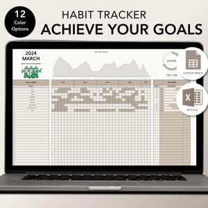 Puede incluir: Una computadora portátil muestra un rastreador de hábitos digital con el texto "HABIT TRACKER ACHIEVE YOUR GOALS". La pantalla muestra un diseño de calendario para marzo de 2024, con secciones para hábitos diarios y seguimiento del progreso. Incluye opciones para Google Sheets y MS Excel.