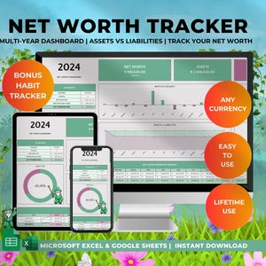 Puede incluir: Una pantalla de ordenador que muestra una hoja de cálculo verde y blanca con el título "Net Worth Tracker". La hoja de cálculo está diseñada para realizar un seguimiento de los activos, los pasivos y el patrimonio neto durante varios años. La pantalla está rodeada de un fondo verde y blanco con flores y hierba.