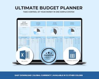 Ultimate Annual Budget Spreadsheet Excel Google Sheets Budget Template Monthly Budget Tracker Financial Planner Bill Debt Tracker Blue