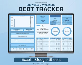 May include: A digital debt tracker spreadsheet displayed on a computer monitor. The interface features light blue and white sections, including a debt overview chart, payment strategy selection, and tables for tracking balances, interest rates, and progress toward being debt-free.