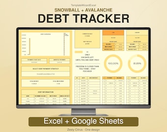 May include: A digital debt tracker spreadsheet displayed on a computer monitor. The interface features sections for debt overview, payment strategies, and balance tracking with text including Snowball + Avalanche Debt Tracker.