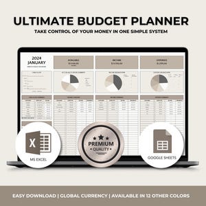Op de afbeelding: Een laptopscherm toont een budgetplanner-interface met grafieken en tabellen. De tekst "ULTIMATE BUDGET PLANNER" en "TAKE CONTROL OF YOUR MONEY" staan bovenaan. Pictogrammen voor MS Excel en Google Sheets zijn zichtbaar. De tekst "PREMIUM QUALITY" wordt ook weergegeven.