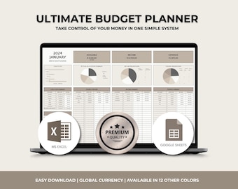 Ultimate Annual Budget Spreadsheet Excel Google Sheets Budget Template Monthly Budget Tracker Financial Planner Bill Debt Tracker Beige