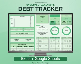 May include: A digital debt tracker spreadsheet displayed on a computer monitor, featuring a green color scheme with sections for debt overview, payment strategies, current balances, and progress charts labeled Snowball + Avalanche Debt Tracker.