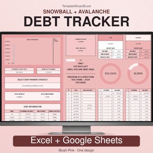 Puede incluir: Una hoja de cálculo digital para el seguimiento de deudas en un monitor de computadora, con un esquema de color rosa suave. La interfaz incluye secciones para resumen de deudas, estrategias de pago y gráficos con el texto Snowball + Avalanche Debt Tracker.