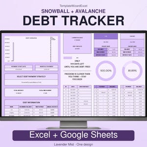 Puede incluir: Una hoja de cálculo digital para el seguimiento de deudas en un monitor de computadora. La interfaz presenta un esquema de color violeta claro con secciones para resumen de deudas, estrategias de pago y gráficos de progreso.