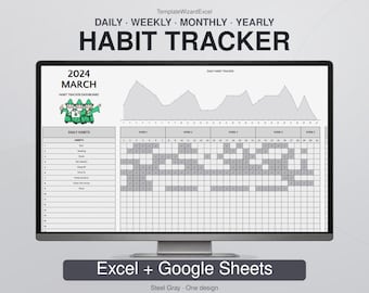 May include: A digital habit tracker displayed on a computer monitor, featuring a March 2024 calendar, a grey line graph, and a list of daily habits. The interface includes a graphic of three green wizards and the text TemplateWizardExcel.