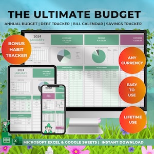 Puede incluir: Una descarga digital para un planificador de presupuesto en Microsoft Excel y Google Sheets. La imagen muestra una pantalla de computadora con una hoja de cálculo de presupuesto verde y blanca. La hoja de cálculo incluye secciones para ingresos, gastos y ahorros. La imagen también incluye texto que dice "The Ultimate Budget" y "Any Currency".