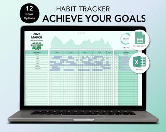 Habit Tracker Spreadsheet – Google Sheets and Excel Template – Daily Planner – Weekly & Monthly Tracker – Cool Breeze – Minimalist Design