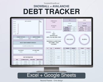 Puede incluir: Una hoja de cálculo digital para el seguimiento de deudas en un monitor. La interfaz presenta secciones en color violeta pastel y blanco, incluyendo un gráfico de resumen de deuda, selección de estrategia de pago y tablas de saldos e intereses.