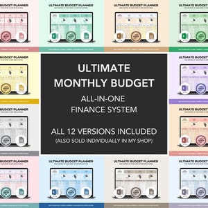 Puede incluir: Imagen de un planificador presupuestario mensual digital, disponible en 12 variaciones de color. Cada diseño de planificador presenta una pantalla de portátil con gráficos e iconos financieros. El texto central dice "ULTIMATE MONTHLY BUDGET ALL-IN-ONE FINANCE SYSTEM."