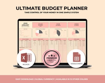 Ultimate Annual Budget Spreadsheet Excel Google Sheets Budget Template Monthly Budget Tracker Financial Planner Bill Debt Tracker Peach