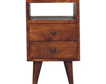 Mesita de noche mini clásica color castaño | Mesita de noche de madera maciza de mango | Mesita de noche de estilo moderno de mediados de siglo | Mesa auxiliar de madera con almacenamiento