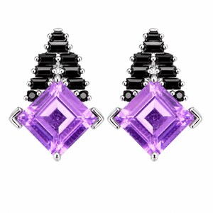 Natural Amethyst & Black Spinel Stud Earrings in 925 Sterling Silver Rhodium Plated | Luxury Purple Gemstone Earrings | Gift for Her