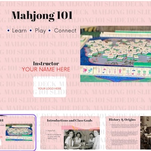 Puede incluir: Una diapositiva de presentación rosa para una clase de Mahjong 101. La diapositiva incluye el título, "Mahjong 101", y las palabras "Aprender, Jugar, Conectar". Hay una foto de un juego de Mahjong y el nombre del instructor.