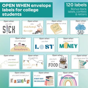 May include: A collection of "Open When" envelope labels for college students. The labels have prompts such as "Sick," "Lost," and "First Day in College." Includes 120 labels with bonus blank labels, confetti, and letters.