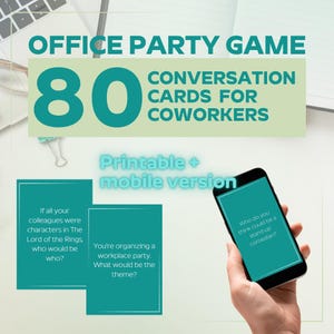 Puede incluir: Un juego de fiesta de oficina con 80 tarjetas de conversación para compañeros de trabajo. El diseño turquesa y blanco incluye el texto "Office Party Game" y ejemplos de preguntas. Un smartphone muestra una pregunta.