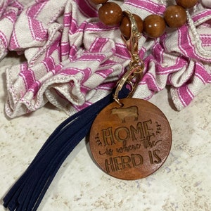 Wooden Bead Wristlet with Navy Tassel &quot;Home is where the Herd Is&quot;