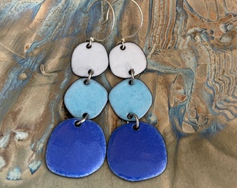 Blue and White Earrings, Long Dangle Earrings, Statement Earrings, Sky Blue Earrings, Geometric Earrings, Modern Earrings, Enamel Earrings