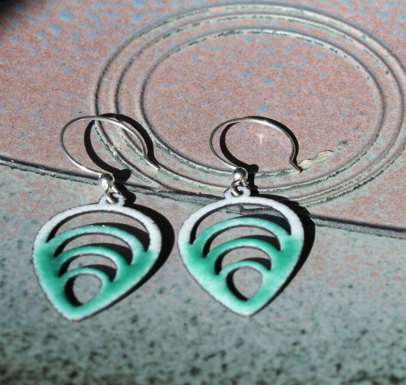 Lightweight Green and White Enamel Earrings Green and White Earrings Dangle Earrings Springtime Earrings Copper Jewelry Copper Enamel