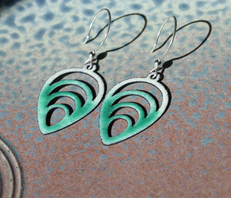 Lightweight Green and White Enamel Earrings Green and White Earrings Dangle Earrings Springtime Earrings Copper Jewelry Copper Enamel