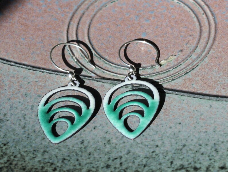 Lightweight Green and White Enamel Earrings Green and White Earrings Dangle Earrings Springtime Earrings Copper Jewelry Copper Enamel