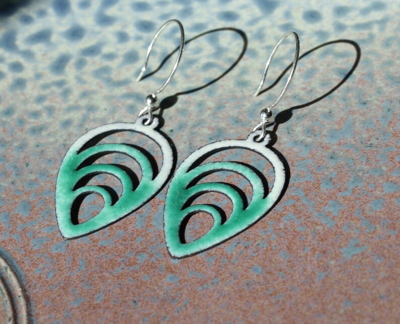 Lightweight Green and White Enamel Earrings Green and White Earrings Dangle Earrings Springtime Earrings Copper Jewelry Copper Enamel