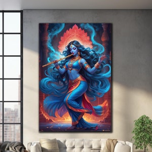 Arte de parede do deus hindu Krishna, arte de parede de vidro temperado, decoração de parede extragrande, arte de parede abstrata, presentes de inauguração de casa, decoração de casa, presente para ela