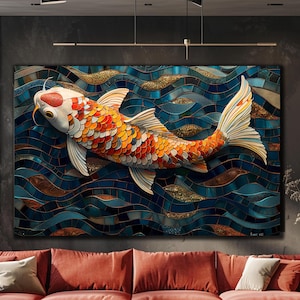 Japanese Koi Fish Tempered Glass Art, Mosaic Pattern Wall Decor, Koi Fish Wall Art, Abstract Wall Art, Glass Printing, Housewarming Gift