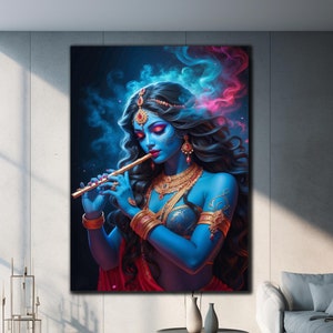 Arte de parede do deus hindu Krishna, arte de parede de vidro temperado, decoração de parede extragrande, arte de parede abstrata, presentes de inauguração de casa, decoração de casa, presente para ela